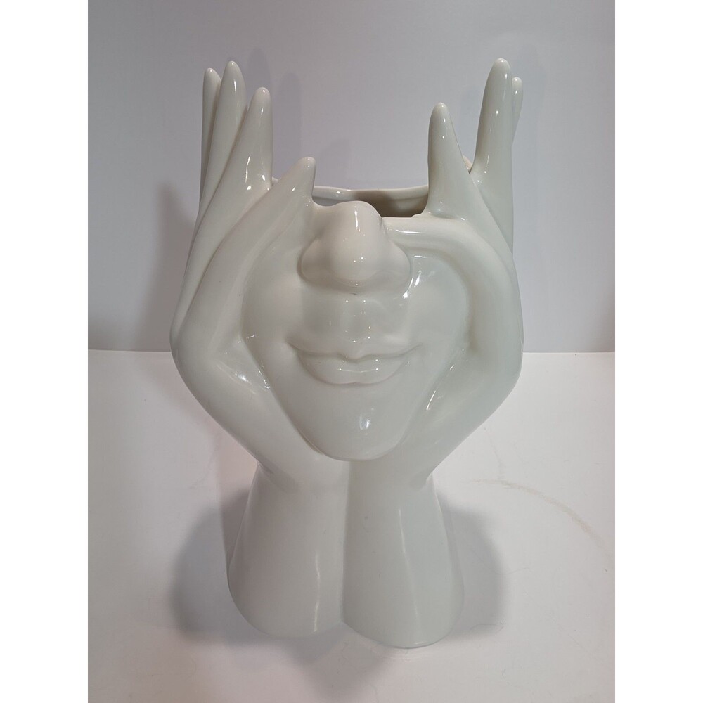 Hands Holding Ladies Face , Unique, White Ceramic Vase Home Decor 7”